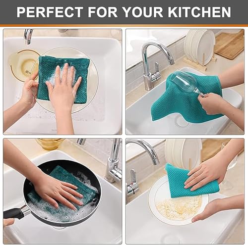 Image of Kitchen Cotton Lint Free Waffle Weave Hand Towels, Quick Drying Dish Cloths, Highly Absorbent Dish Rags Tea Towels Set with Hanging Loop, 13.4 inchx 13.4 inch (Teal Blue, Pack of 6)