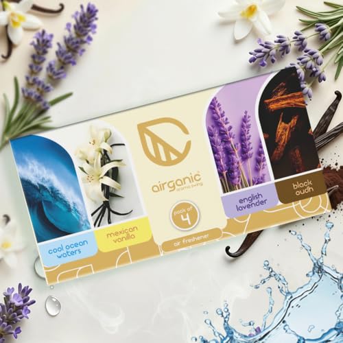 Image of Airganic Aroma Swing - Pack of 4 (40 ml) - Combo: Cool Ocean, Mexican Vanilla, Lavender & Black Oudh Car Perfume | Aroma Essential Oils in Glass Bottle with Wooden Diffuser Lid | Car Accessories 2025