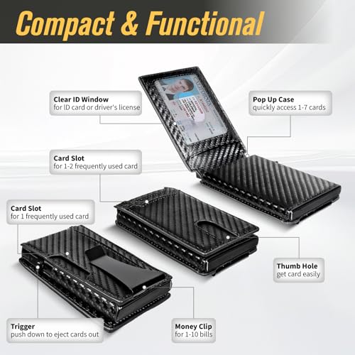 Wallet for Men, Slim Minimalist Mens Wallet for RFID Blocking, Front Pocket Credit Card Holder Wallets with Money Clip & ID Window, Smart Pop Up Metal Case Gift for Men, Carbon Fiber Black2