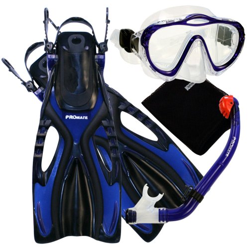 Promate 4570, bu, LXL, Junior Snorkeling Scuba Diving Mask Dry Snorkel Fins Set