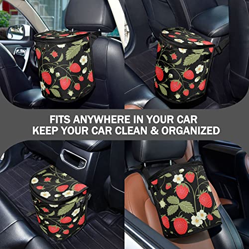 Image of Strawberry Fruit Flowers Leaves Car Trash Can Car Garbage Bag with Lid Hanging Waterproof Leak Proof Vehicle Storage Bin