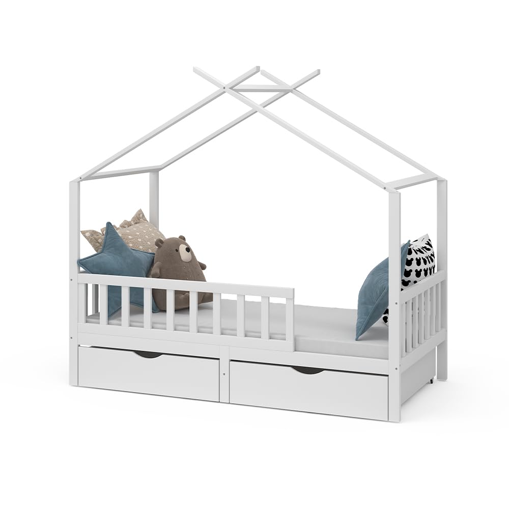 VitaliSpa Letto montessori bambini Franka, Bianco, 80x160 cm con 2 cassetti e materasso, adatto per materassi fino a 90x200 cm e combinabile