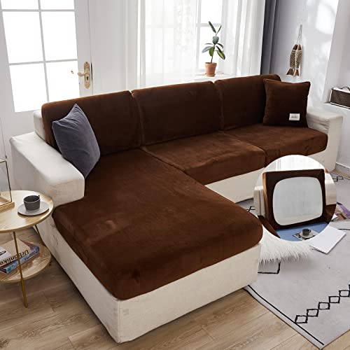 Stretch Couch Cushion Covers Replacement Velvet Sofa Seat Cover 1 2 3 4 Seater Universal Non-Slip Couch Slipcovers Sofa Cover for L Shaped Corner Chaise Lounge Sofa,Brown-4-seater-X（160-190cm)