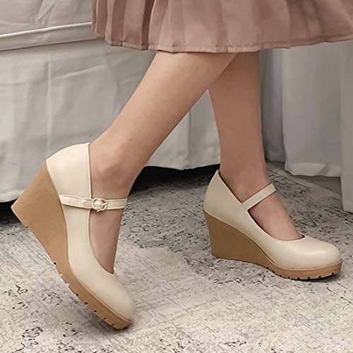 AIMODOR Womens Platform Mary Jane Wedge Heel Ankle Strap Pumps4