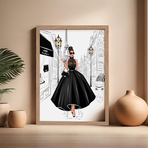 Image of Poster Master Lady in Black Print - Fashion Poster - Paris Designer Art - Modern Wall Design - Chic Gift for Women & Fashionista - Glam Decor for Bedroom or Girl's Room - 16x20 Beige Framed