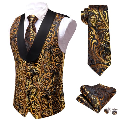 Image of Barry.Wang Mens Silk Lapel /Shawl Collar Vest Tie Sleeve Holder Set Formal /Casual Paisley Vests Wedding Tuxedo Waistcoat