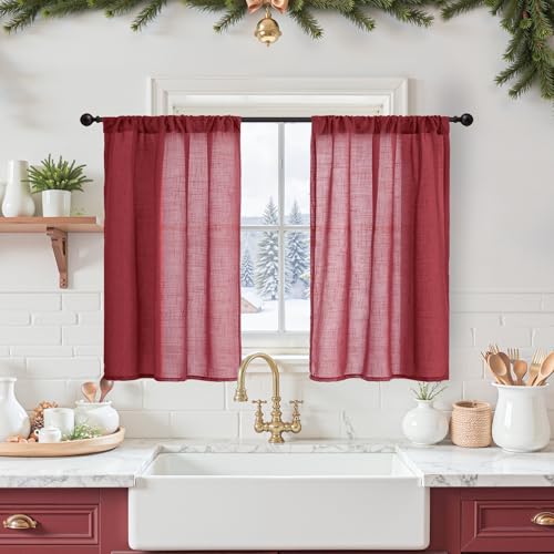 Image of BGment Burgundy Linen Kitchen Curtains for Window Over Sink, Short Semi Sheer Drapes for Bathroom Cafe Over Sink with Rod Pocket Lightweight, 2 Panels Set, Each 30 Inch Wide