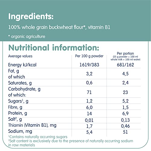 FLEUR ALPINE Organic Buckwheat Baby Cereal Dairy Free - Baby Porridge for Deliciously Smooth Breakfast Meals | Nutritious and Easy To Make Gluten Free Cereal 4+ Months with No Added Sugars | 7 Serving