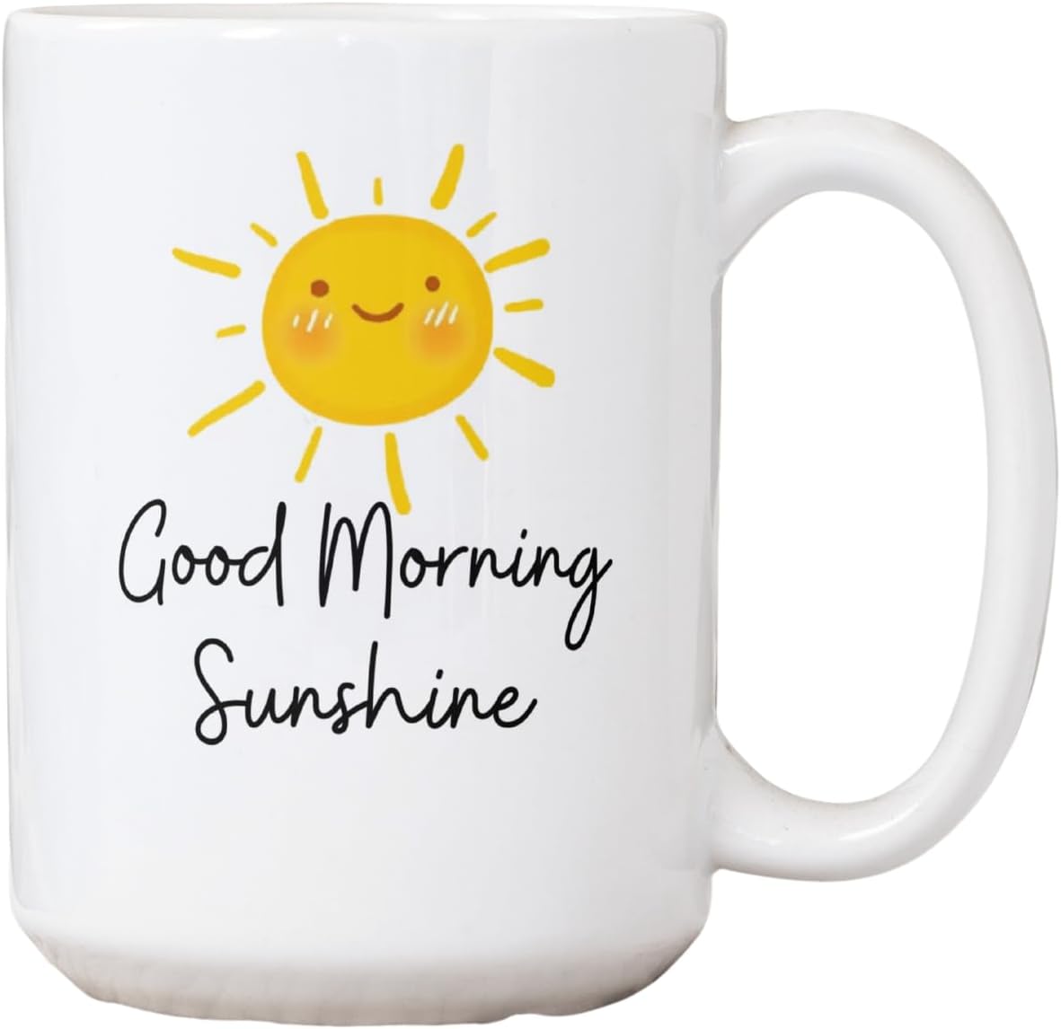 Good Morning Sunshine Coffee Mug – 15 Oz Large Ceramic Cup – Smiling Sun Design – Morning Gift for Her or Him – Positive Daily Quote