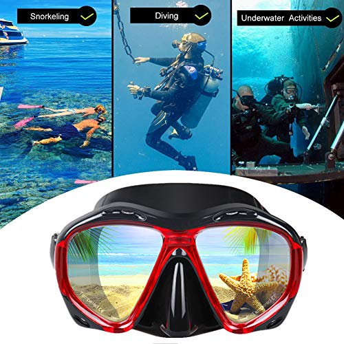 Image of Snorkel Diving Mask Panoramic HD Swim Mask, Anti-Fog Scuba Diving Goggles,Tempered Glass Dive Mask Adult Youth Swim Goggles with Nose Cover for Diving, Snorkeling, Swimming (A-Black Red)