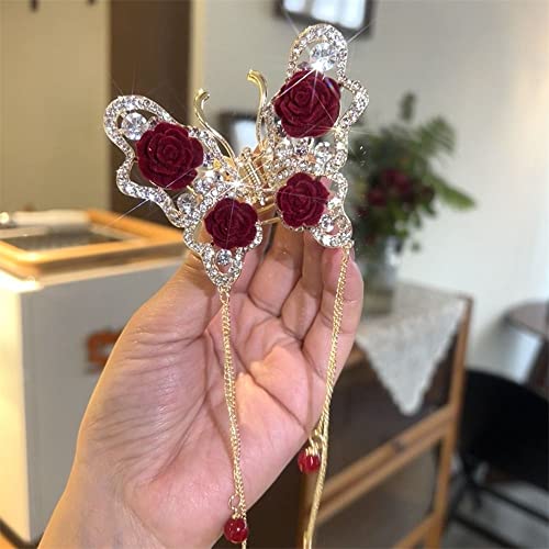 Red Flocked Rose flower Hair Claw Mini Tassel Hair Clips tail Holder Accessories for Women Girl(C)