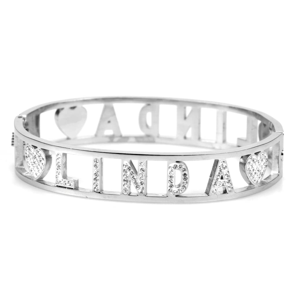 Flowers Bracciale Rigido Acciaio con Nome Vari e Zirconcini Sacchettino in Tessuto Scritta Nome ricoperta di Strass Brillantissimi Bracciale a Manetta Donna Chiusura a Molla Idea Regalo