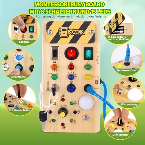 Hoarosall Montessori Busy Board Spielzeug mit LED Lichtschalter Activity Board Holzspielzeug ab 1 Jahr Motorikspielzeug Sensorik Spielzeug Lernspielzeug für Babys und Kleinkinder ab 1 2 3 Jahre