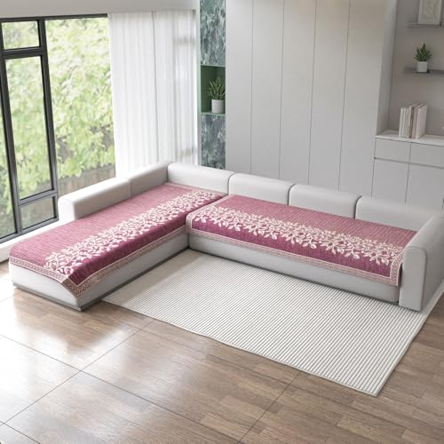Image of Nendle Superior Velvet Floral Sofa Mat 6 Seater Set Cover Durable Protector for Living Room Sofa Set 3+3, Suitable for L Shape, Sectional and U Shape Sofa (Pink, Pack of 2)