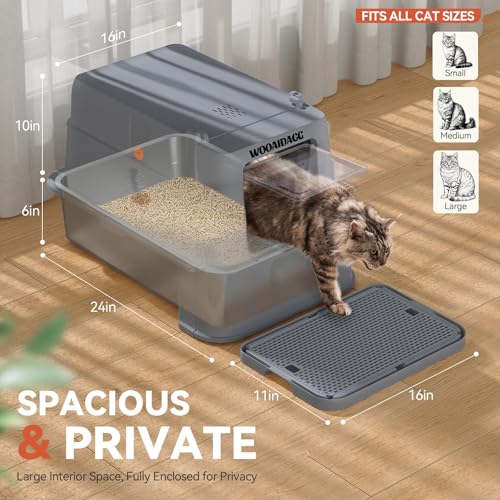 Image of Wooaidagg Enclosed Stainless Steel Cat Litter Box with Odor Control, Modular Design with Drawer and Flip Door, Easy to Clean and Wash,Non-Stick Interior,Extra Large Size Fits All Cats(Dark Grey)