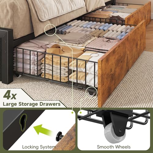 Image of Homkdom Queen Bed Frame with Large 4 Drawers, 2-Tier Shelf, LED Light and Charging Station, Heavy Duty Platform Bed with 880 lbs Capacity, Easy Assembly,Vintage Brown