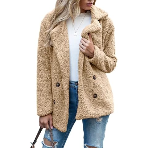 MEWOW Women's Winter Warm Thick Faux Lamb Wool Fleece Coat Lapel Collar Jacket (Khaki,XXL) Cover