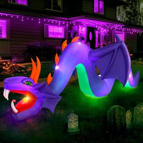 12ft Halloween Inflatable Dragon Decorations,Open Mouth and Sharp Teeth Outdoor Giant Purple Decorations,Built-in 7 LEDs Blow Up Dragon Inflatables for Yard, Lawn & Garden Internal Lights Cover