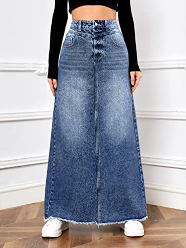 SweatyRocks Women's Casual Raw Hem High Waist Jean Skirt Long A Line Denim Skirts with Pocket4