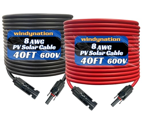 WindyNation 8 AWG 8 Gauge Pair 40 Feet Black + 40 Feet Red PV Photovoltaic Solar Panel Extension Cable Wire Solar Connectors (Variety of Lengths Available)