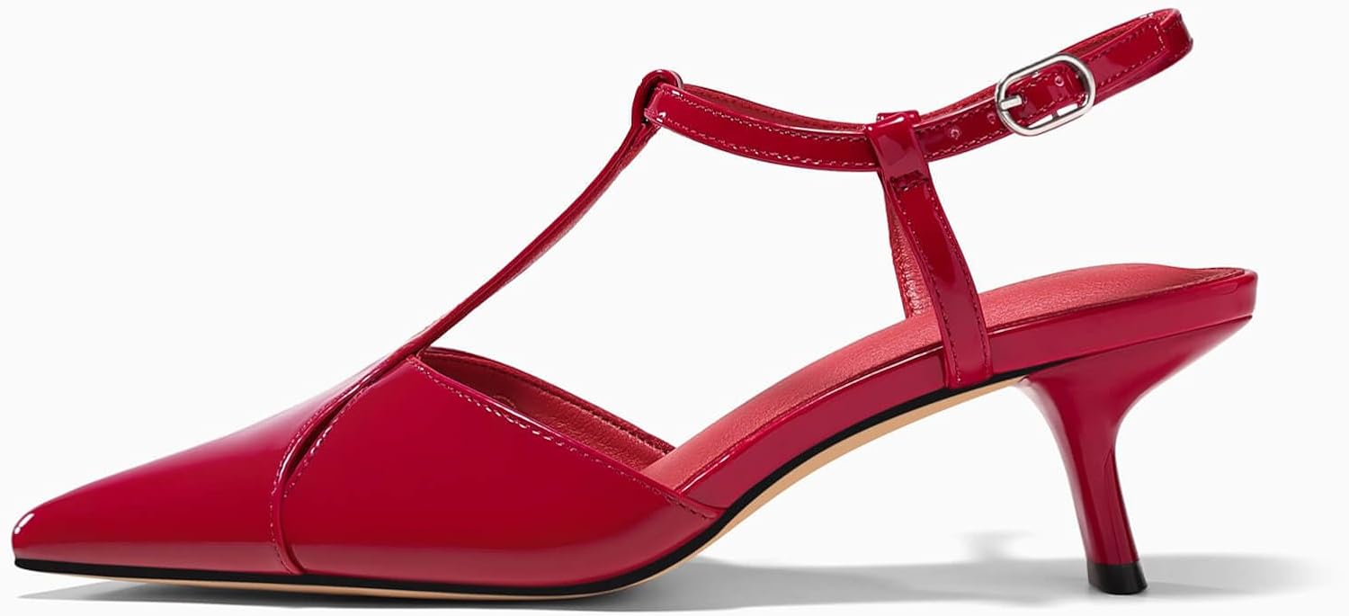 Coutgo Womens Low Kitten Heels Closed Pointed Toe Cutout T-Strap Pumps Wedding Prom Dress Shoes - Image 4