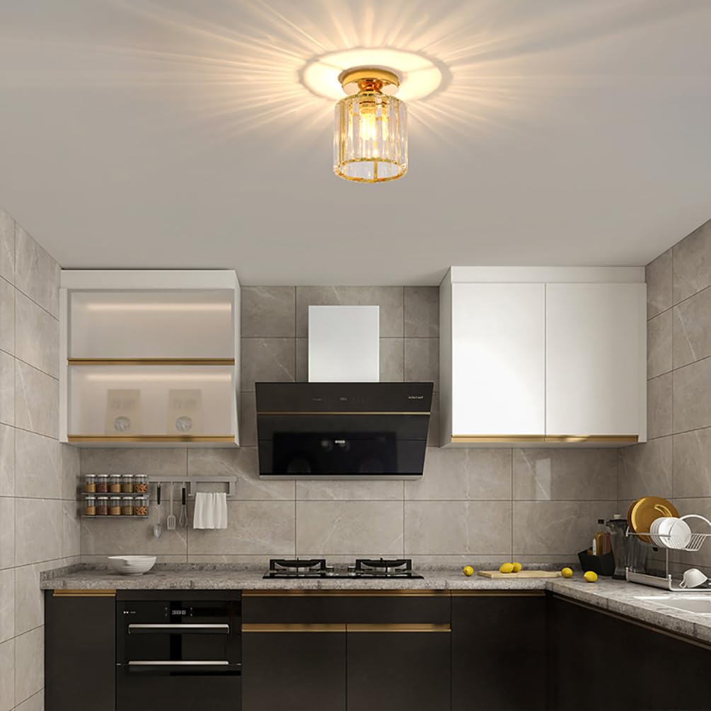 Moderna Luz De Techo De Cristal, Mini Lámpara De Techo De Cristal Dorado E27 Araña Redonda, Para Pasillo Entrada Cocina Dormitorio Sala De Estar Iluminación