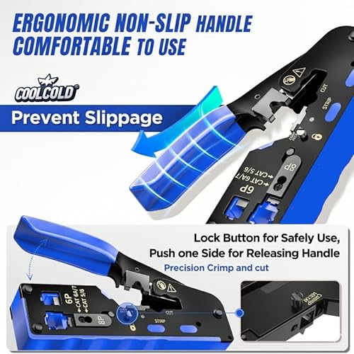Image of COOLCOLD RJ45 Crimping Tool Kit | Pass Through Ethernet Crimper for Cat7 /Cat6A /Cat6 /Cat5E /Cat5 - Includes Universal Stripper, 10 Cat6 Connectors, 10 Covers & Network Cable Tester with 9V Battery