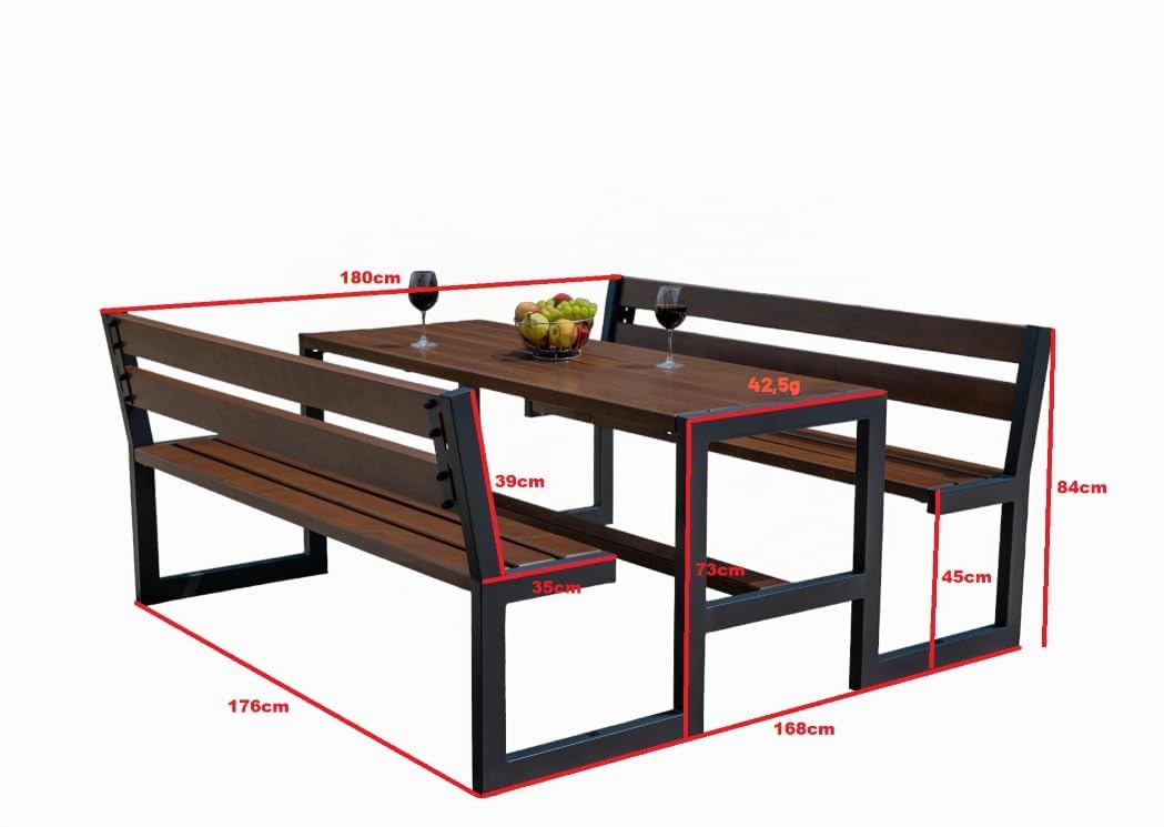 Rattanland® Gartenbank mit Tisch, Gartentisch mit Zwei Gartenbänken, Gartenmöbel Set Holz, Biertischgarnitur, Sitzgruppe Garten, Picknicktisch, Bierbank, Sitzgruppe Outdoor (Nuss)