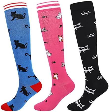Junely Compression Socks for Women 20-30 mmhg Knee High Cat Socks for Running Nurses Pregnancy Sports Travel Flight Circulation Cat Lovers Gifts Black Blue Pink