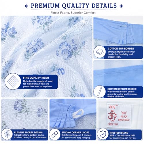 Image of ANS Mosquito Net for Double Bed | 6.5 x 8 Ft Large Size | Floral Mesh with Cotton Top & Bottom Border | Hanging Type Net with Free Air Flow | Sky Blue