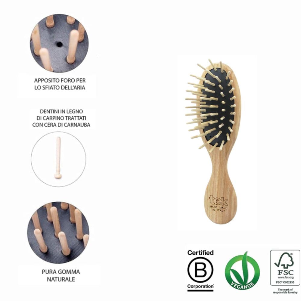 Tek Kit Spazzola Mini & Pettine in Legno | Con Custodia in Cotone Naturale