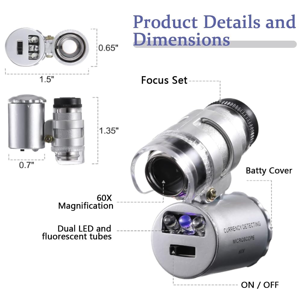 Microscopio de Bolsillo 60X, Mini Microscopio Monoculo, Lupa de Joyería Portátil, con Luz LED, Lupa de Mano para Joyería, Diamantes, Gemas, Monedas