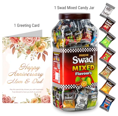 Image of Swad Happy Anniversary Mom Dad Parents Gift with Card (Swad Mixed Flavours Candy 200 Jar & 1 Greeting card) 2 units
