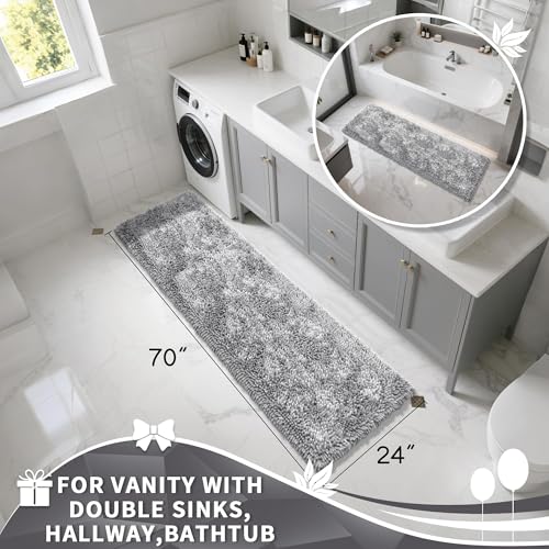 Image of Yimobra Long Bathroom Rugs Runner 70x24 Inch, Extra Thick Soft Absorbent Chenille Bath Mat, Non Slip Machine Washable, Quick Dry Bath Rugs for Bathroom Floor, Tub and Shower, Light Grey