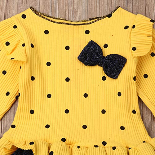 0-4 Anos Bebê Menina Outono Inverno Vestido de Manga Longa Polka Dot Amarelo & Shiny Saia Costura Ve