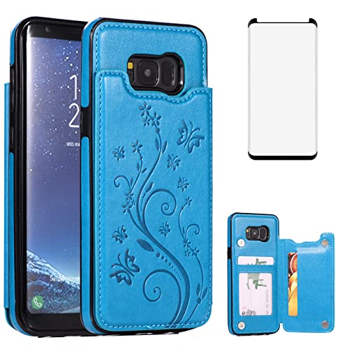 Phone Case for Samsung Galaxy S8 with Tempered Glass Screen Protector Card Holder Wallet Cover Stand Flip Leather Slim Soft Cell Accessories Glaxay S 8 8S Edge SM-G950U Cases Women Girls Men Blue