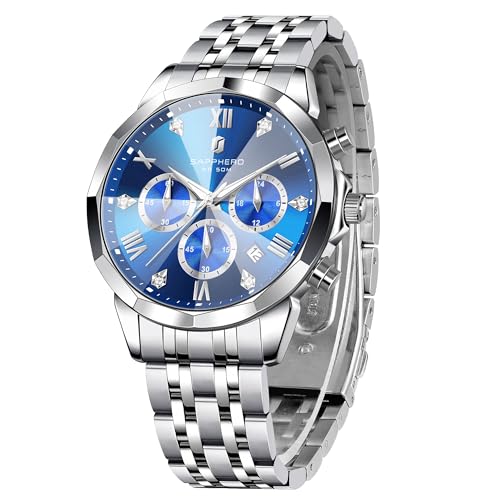 SAPPHERO Uhren Herren Chronographen Diamant Business Edelstahl Analog Quarz Armbanduhr Herren Wasserdicht Leuchtend Datum Luxus lässig Arbeit Herrenuhren Elegante Geschenke für Männer