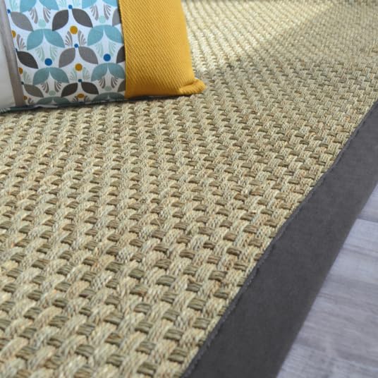 Decoweb Tapis jonc de mer - Paro Fin natté 4x4 - Ganse Coton Anthracite - 140 x 200 cm