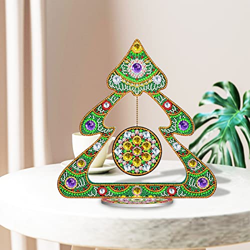 Image of AiYuanzsh Christmas Tree Diamond Art Tabletop Ornament with Hanging Charm, Acrylic Diamond Painting Desktop Decoration Kit, Large DIY Holiday Diamond Art Crafts 11.42 x 11.61 inch
