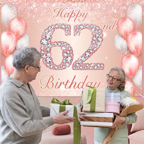 Image of Happy 62nd Birthday Rose Gold Banner Cheers to 62 Years Old Backdrop Confetti Balloons Theme Decor for Women 62 Years Old Pink Birthday Party Decorations Bday Supplies Background Favors Gift Glitter