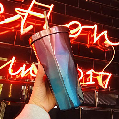 Taza de café con pajita de acero inoxidable aislada al vacío para oficina, 473 ml Rosa y azul. - Imagen 8