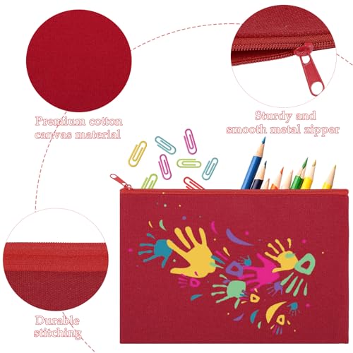 Image of 12 Pieces Cotton Canvas Makeup Bag, Multipurpose Cosmetic Bag with Zipper Travel Toiletry Pouch, Blank DIY Craft Bag (Red, L)