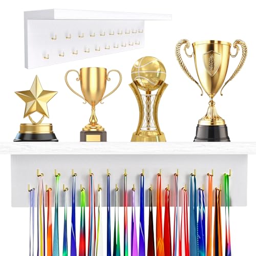 MarginZen Wooden Medal Hanger Display with Trophy Shelf - 19 Hooks Medal Holder Display for Wall Sturdy Medal Display Shelf for Gymnastics Soccer Running Awards