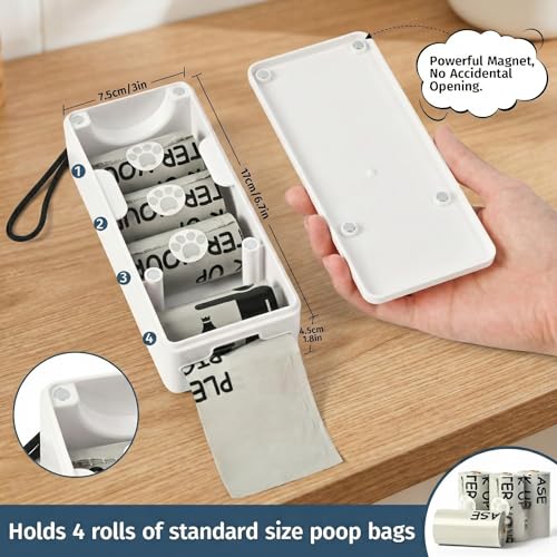 Image of Dog Poop Bag Dispenser Wall Mount with Magnetic Lid, Quick Pull & Easy Access, White Dog Poop Bag Holder for Outdoor Yard, Includes 4 Rolls (60 Bags)