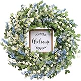 CIR OASES Artificial Blue Wreath, 20 inch, Spring/Summer Greenery Wreath for Front Door, Window, Fireplace Decor