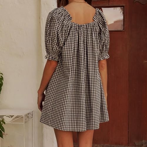 Image of Women Y2k Puff Sleeve Babydoll Dresses Square Neck Tie Back Mini Dress Summer Solid Off Shoulder Flowy Sundress