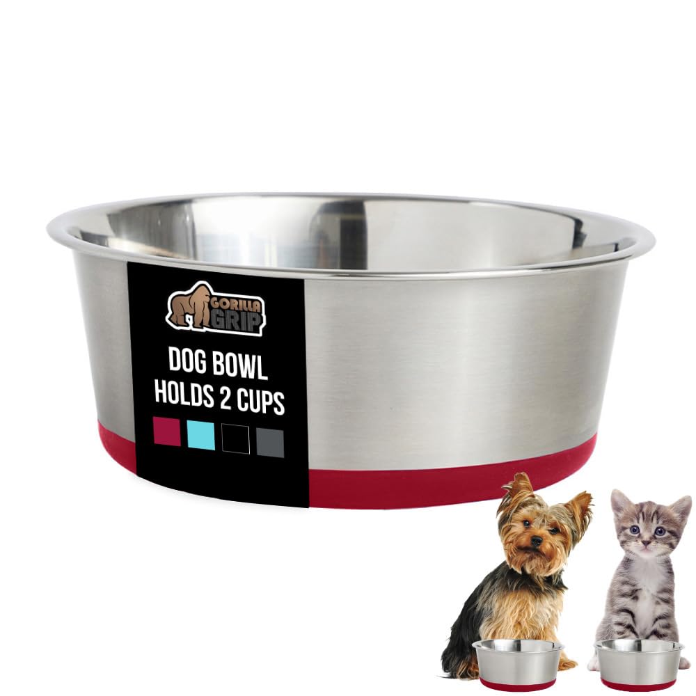 GORILLA GRIP Dog Bowl, Holds 2 Cups (16 fl oz), Heavy Duty Metal Food and Water Bowl for Feeding Dogs and Cats, Easy Clean, Dishwasher Safe, Rust