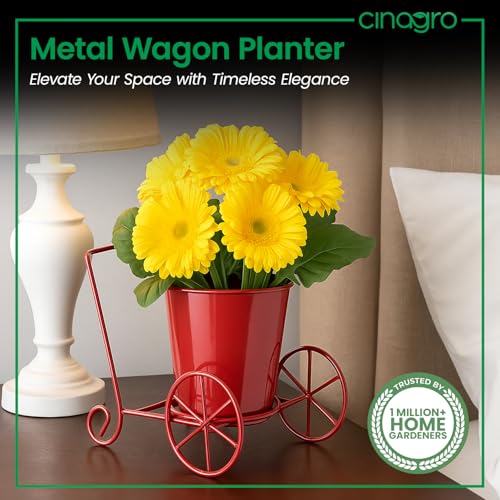 Image of CINAGRO Metal Wagon Planter, Red Pram Rickshaw-Shaped Metal Plant Stand for Indoor & Outdoor Use, 2 Wheel Pot Stand, Flower Vase, Decorative Iron Pot Holder for Flowers & Ornaments, 27 x 13 x 21 cm