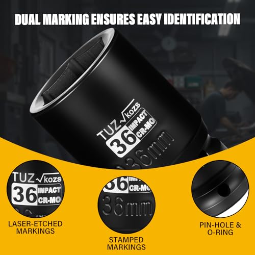 Image of 1 Inch Drive 36mm Deep Metric Impact Socket,CR-MO,6 Point Radius Corner Design,Square Chamfered Opening,Axle Nut Impact Grade Socket for Easy Removal
