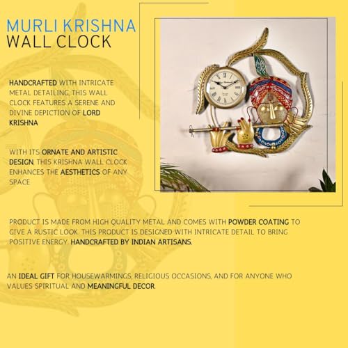 Image of Handcrafted Metal Krishna Wall Clock for Home Decor | Lord Krishna Design Spiritual Wall Art for Living Room, Bedroom, Temple & Office | Elegant Religious Gift Item (Multicolour, Iron Art)